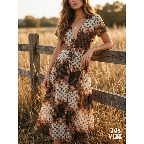 Amber Dresses & Skirts - Amber Womens Patchwork Midi cardigan Dress S Brown Boho 70s Vibe Tie Front retro